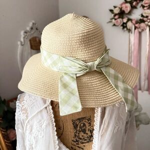 Woven Sun Hat With Green Gingham Band
